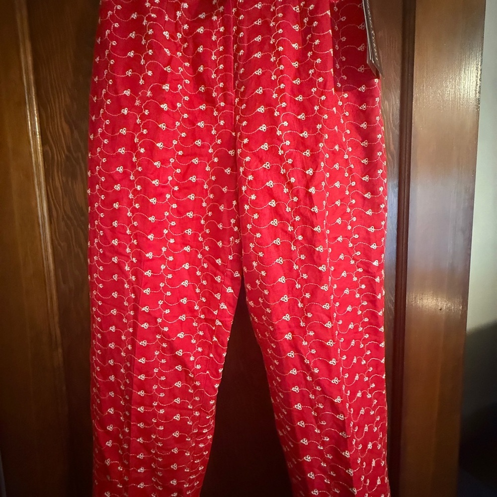 Vibrant Red lined Herman‎ Geist Pants with White Floral Design NWT